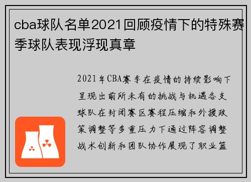 cba球队名单2021回顾疫情下的特殊赛季球队表现浮现真章
