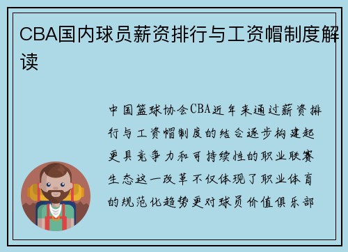 CBA国内球员薪资排行与工资帽制度解读